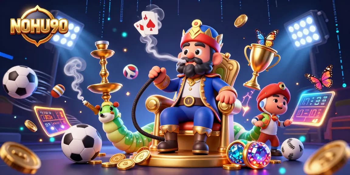 Experience thrilling gameplay with NOHU90, featuring a dynamic 3D illustration of colorful casino elements.